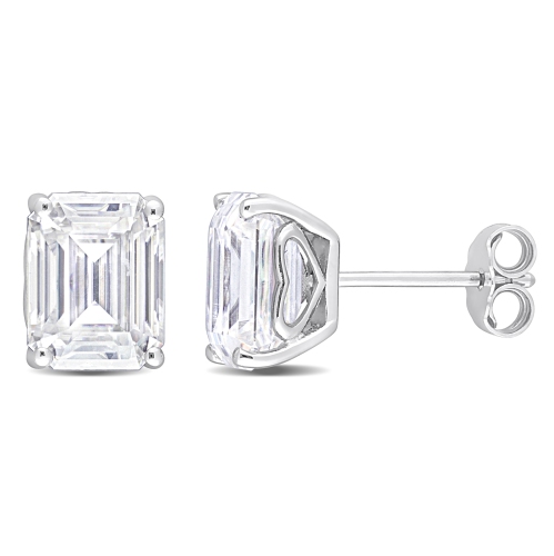 Image 1 of 5.. Amour Emerald Cut Created Moissanite Stud Earrings with Heart Detail in Sterling Silver