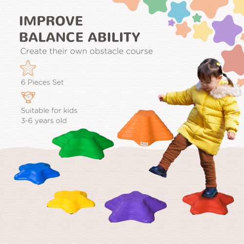 Outsunny 6PCs Larger Size Balance Stepping Stones for Kids with Non-slip Bottom, Stackable Obstacle Course Outdoor Indoor, Play River Rocks with