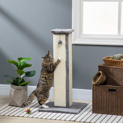 PawHut 32" Tall Cat Scratching Post for Indoor Cats and Kittens, Vertical Claw Scratcher, Sisal Cat Scratcher with Hanging Ball and Soft Plush, Grey