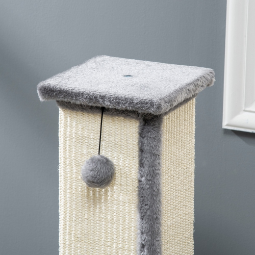 PawHut 32" Tall Cat Scratching Post for Indoor Cats and Kittens, Vertical Claw Scratcher, Sisal Cat Scratcher with Hanging Ball and Soft Plush, Grey