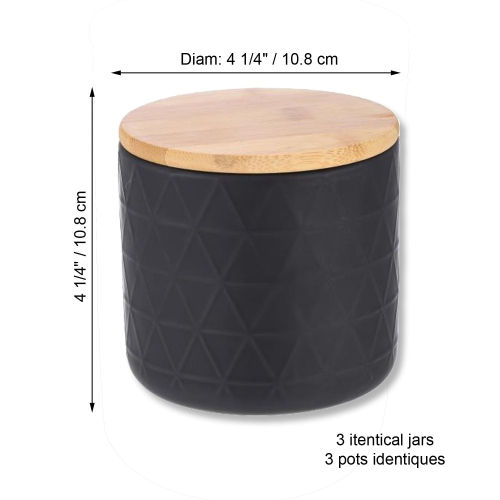 ITY International - Ensemble de 3 Pots de Rangement Hermétiques en Céramique avec Couvercle en Bambou, Grandeur Petit, Noir