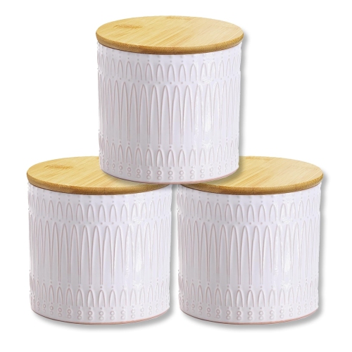 ITY International - Ensemble de 3 Pots de Rangement Hermétiques en Céramique avec Couvercle en Bambou, Grandeur Petit, Blanc