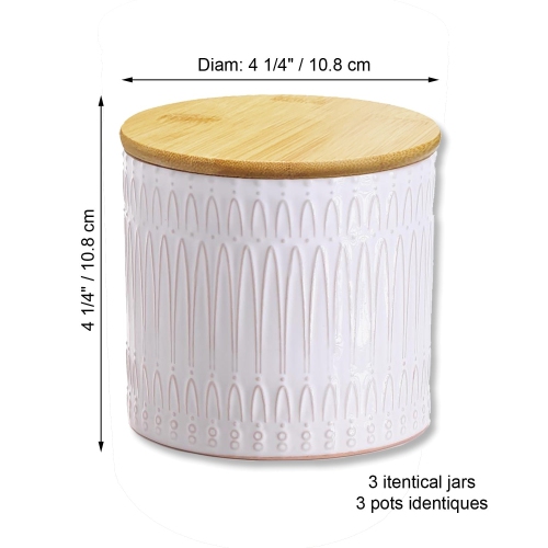 ITY International - Ensemble de 3 Pots de Rangement Hermétiques en Céramique avec Couvercle en Bambou, Grandeur Petit, Blanc