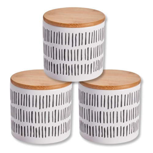 ITY International - Set of 3 Airtight Ceramic Storage Jars with Bamboo Lid, Size Small, White and Black