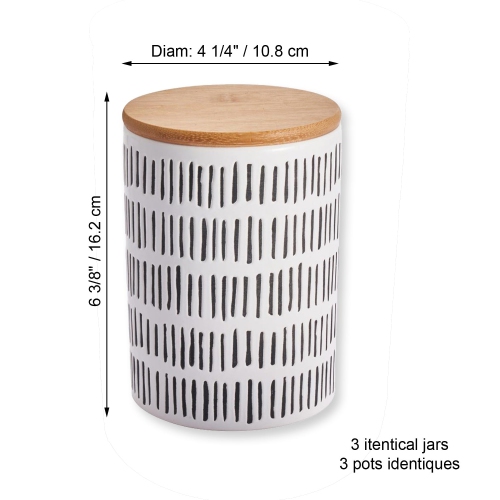 ITY International - Ensemble de 3 Pots de Rangement Hermétiques en Céramique avec Couvercle en Bambou, Grandeur Large, Blanc et Noir