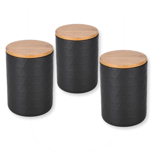 ITY International - Set of 3 Airtight Ceramic Storage Jars with Bamboo Lid, Size Large, Black