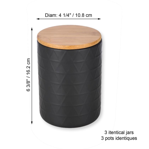 ITY International - Ensemble de 3 Pots de Rangement Hermétiques en Céramique avec Couvercle en Bambou, Grandeur Large, Noir