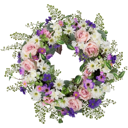 Mixed Floral and Fern Artificial Spring Wreath, 24-Inch