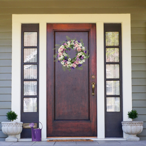 Mixed Floral and Fern Artificial Spring Wreath, 24-Inch