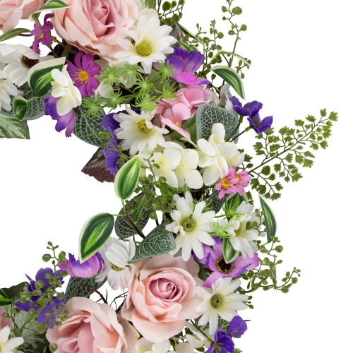 Mixed Floral and Fern Artificial Spring Wreath, 24-Inch