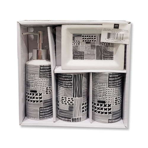 ITY International - Set of 4 Pieces of Bathroom Accessories, Made of Ceramic, Black and White