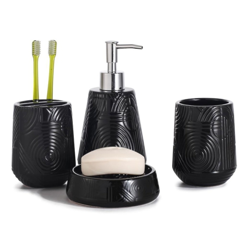 ITY International - Set of 4 Pieces of Bathroom Accessories, Made of Ceramic, Black