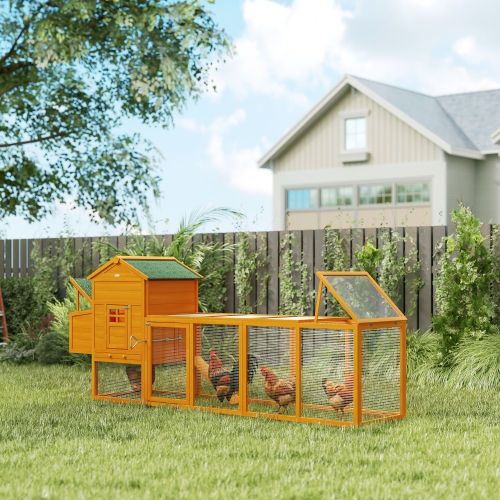 PawHut 117" Extra Large Chicken Coop with Asphalt Roof, Wooden Hen House with Slide-out Tray, Quail Hutch with Nesting Box, Orange