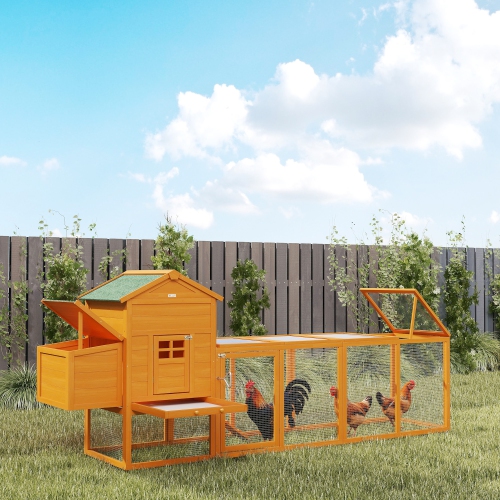 PawHut 117" Extra Large Chicken Coop with Asphalt Roof, Wooden Hen House with Slide-out Tray, Quail Hutch with Nesting Box, Orange