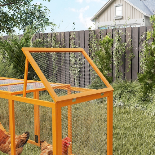 PawHut 117" Extra Large Chicken Coop with Asphalt Roof, Wooden Hen House with Slide-out Tray, Quail Hutch with Nesting Box, Orange