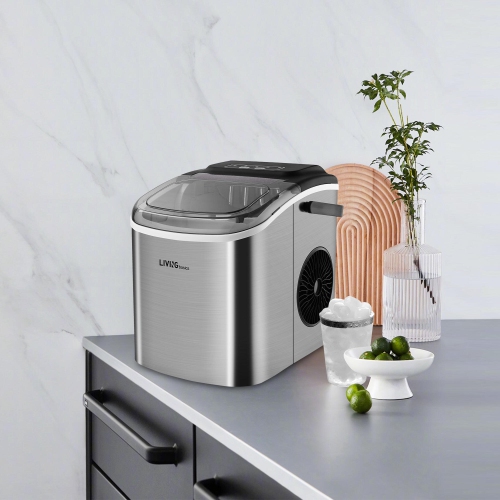 Machine à glaçons portable avec réservoir d'eau de 1,2 L, machine à glaçons de comptoir en acier inoxydable 26 lb/24 h avec pelle à glace et panier