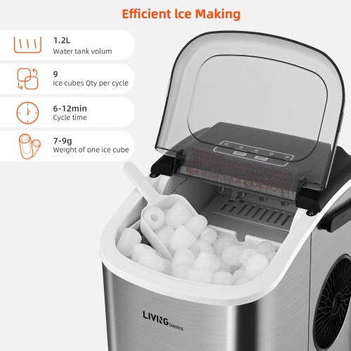 Machine à glaçons portable avec réservoir d'eau de 1,2 L, machine à glaçons de comptoir en acier inoxydable 26 lb/24 h avec pelle à glace et panier
