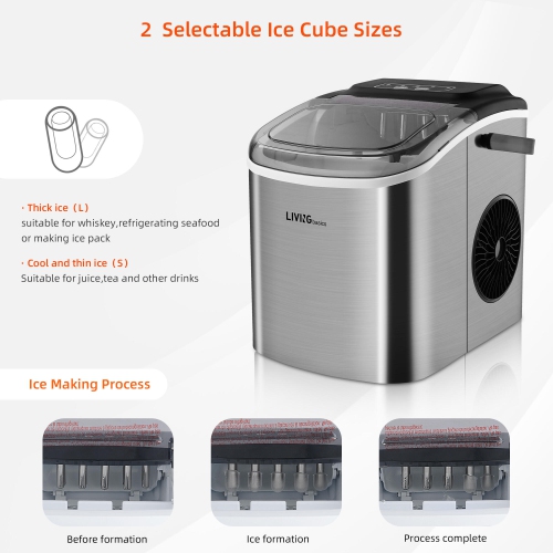 Machine à glaçons portable avec réservoir d'eau de 1,2 L, machine à glaçons de comptoir en acier inoxydable 26 lb/24 h avec pelle à glace et panier