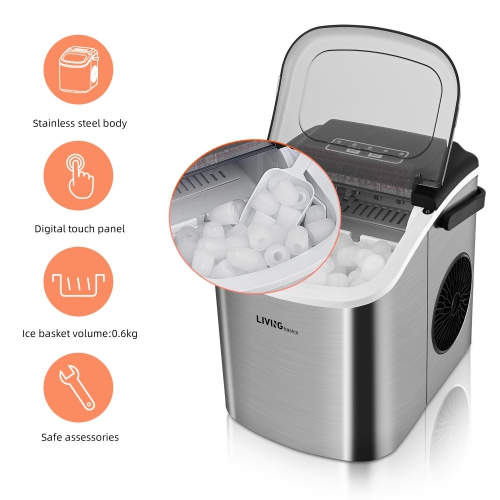 Machine à glaçons portable avec réservoir d'eau de 1,2 L, machine à glaçons de comptoir en acier inoxydable 26 lb/24 h avec pelle à glace et panier