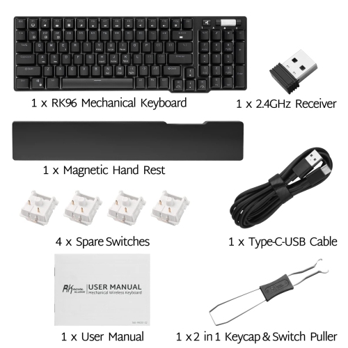 RK ROYAL KLUDGE RK96 90% 96 Keys BT5.0/2.4G/USB-C Hot Swappable Mechanical Keyboard, Wireless Bluetooth Mechanical Keyboard with Magnetic Hand Rest,