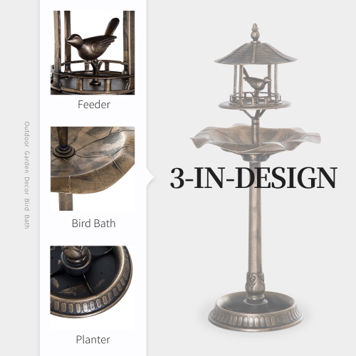 Outsunny 3-in-1 Garden Bird Bath Bowl Pedastal with Bird Feeder, Large Water Basin, & Underneath Flower Planter, Gold
