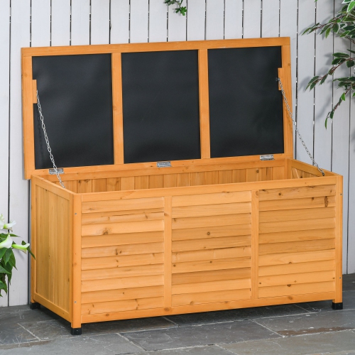 Outsunny 75 – Banc de rangement en bois pour terrasse, bac de rangement extérieur jardin avec écart pour l'aération et fini de lutte contre les