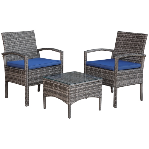 Outsunny 3 Pieces Wicker Patio Furniture Set, Rattan Bistro Set with Coffee Table and Cushions, Outdoor Conversation Set for Garden, Porch, Balcony,