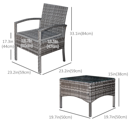 Outsunny 3 Pieces Wicker Patio Furniture Set, Rattan Bistro Set with Coffee Table and Cushions, Outdoor Conversation Set for Garden, Porch, Balcony,