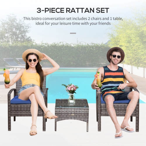 Outsunny 3 Pieces Wicker Patio Furniture Set, Rattan Bistro Set with Coffee Table and Cushions, Outdoor Conversation Set for Garden, Porch, Balcony,