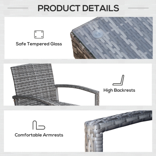 Outsunny 3 Pieces Wicker Patio Furniture Set, Rattan Bistro Set with Coffee Table and Cushions, Outdoor Conversation Set for Garden, Porch, Balcony,