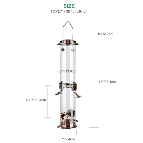 15 Inch Metal Bird Feeder with 4 Feeding Ports, Retro Style Feeder for Outdoors Hanging Rainproof