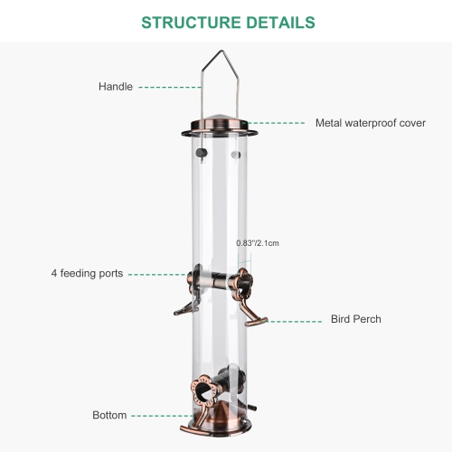 15 Inch Metal Bird Feeder with 4 Feeding Ports, Retro Style Feeder for Outdoors Hanging Rainproof