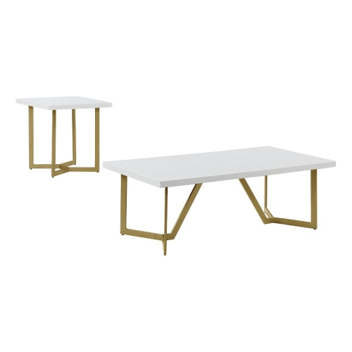 BEST QUALITY 2PC White Wood Coffee Table Set With Gold Painted Legs