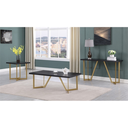 3pc Black Wood Coffee Table Set with Gold Painted Legs