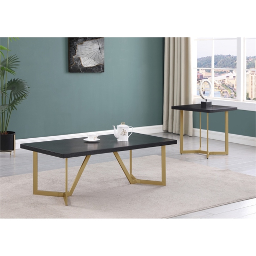 2pc Black Wood Coffee Table Set with Gold Painted Legs