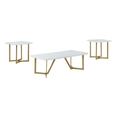 BEST QUALITY 3PC White Wood Coffee Table Set With Gold Painted Legs