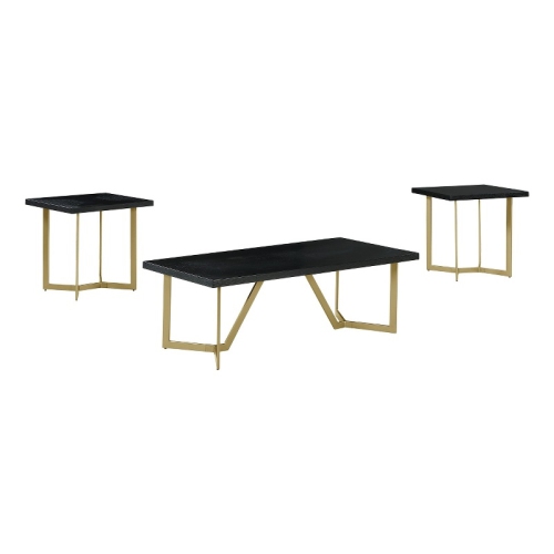 BEST QUALITY 3PC Black Wood Coffee Table Set With Gold Painted Legs