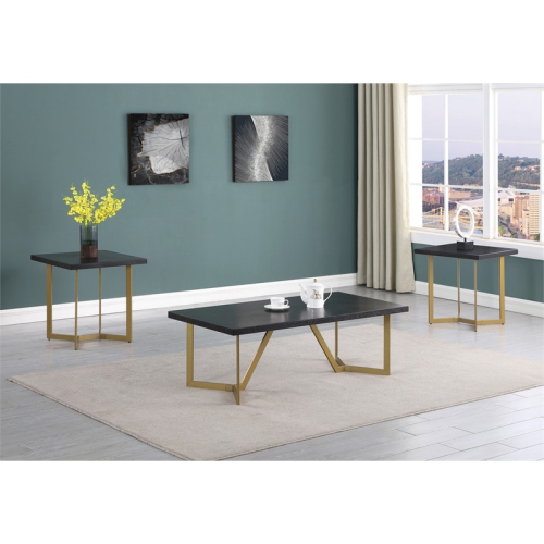 3pc Black Wood Coffee Table Set with Gold Painted Legs