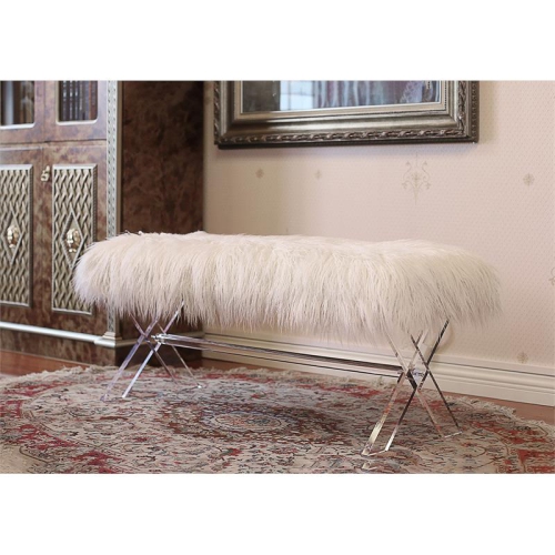Vanity Bench with White Faux Fur and Crossed Clear Acrylic Legs