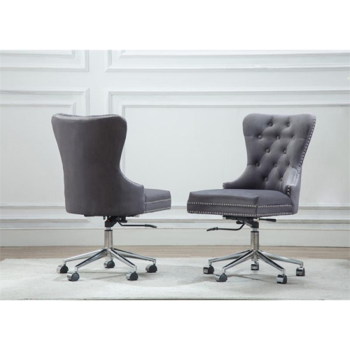 Swivel Office Chair in Dark Gray Velvet with Stainless Steel and Tufted Seat