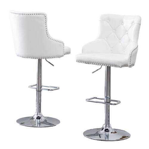 BEST QUALITY  Adjustable Bar Stools With Faux Leather And Tufted Seats (Set Of 2) In White