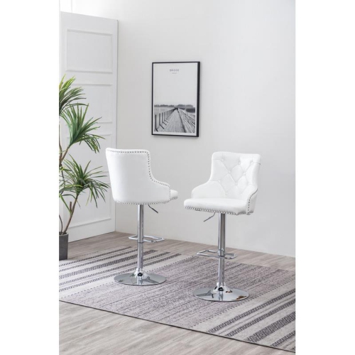 Adjustable Bar Stools with White Faux Leather and Tufted Seats