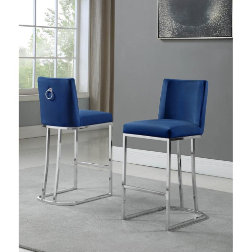 Velvet Counter Height Chairs in Navy Blue Velvet and Silver Chrome