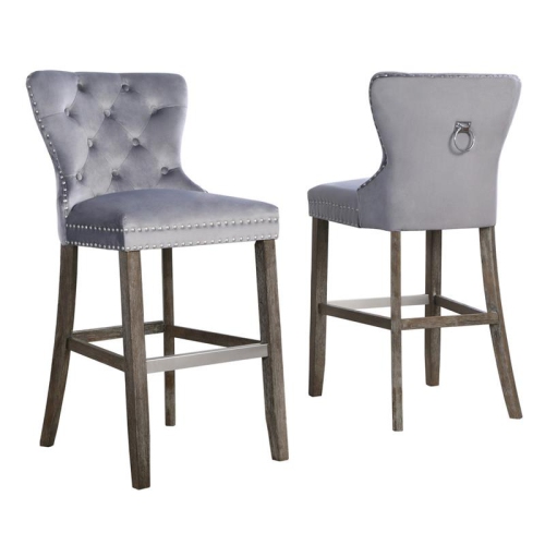 Rustic Gray Velvet Bar Stools with Chrome Handle and Footrest