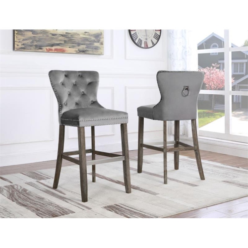 Rustic Gray Velvet Bar Stools with Chrome Handle and Footrest