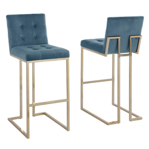 BEST QUALITY Barstools With Tufted Seats In Teal Blue Velvet And Gold Chrome Legs (Set Of 2)