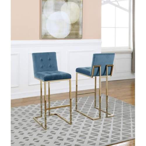 Barstools with Tufted Seats in Teal Blue Velvet and Gold Chrome Legs