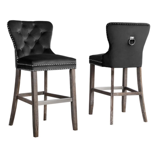 BEST QUALITY  Rustic Velvet Bar Stools With Chrome Handle And Footrest (Set Of 2) In Black