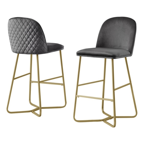 BEST QUALITY Quilted Back Barstools 29" Set Of 2 In Dark Gray Velvet And Gold Base