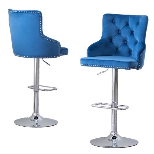 BEST QUALITY Adjustable Bar Stools With Navy Blue Velvet And Tufted Seats (Set Of 2)